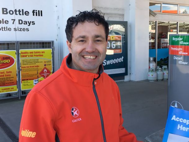 Matt Morris on the forecourt of Caltex Bowater Motors in Motueka